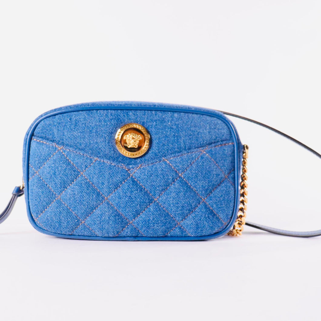 VERSACE Small Quilted Denim Chain Camera Crossbody Bag