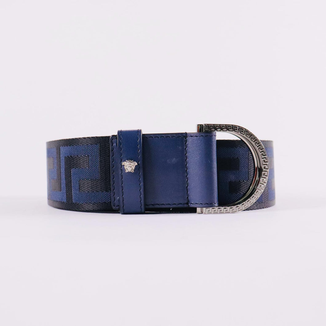 VERSACE MEN’s La Greca Blue Black Fabric and Leather Ribbon Belt