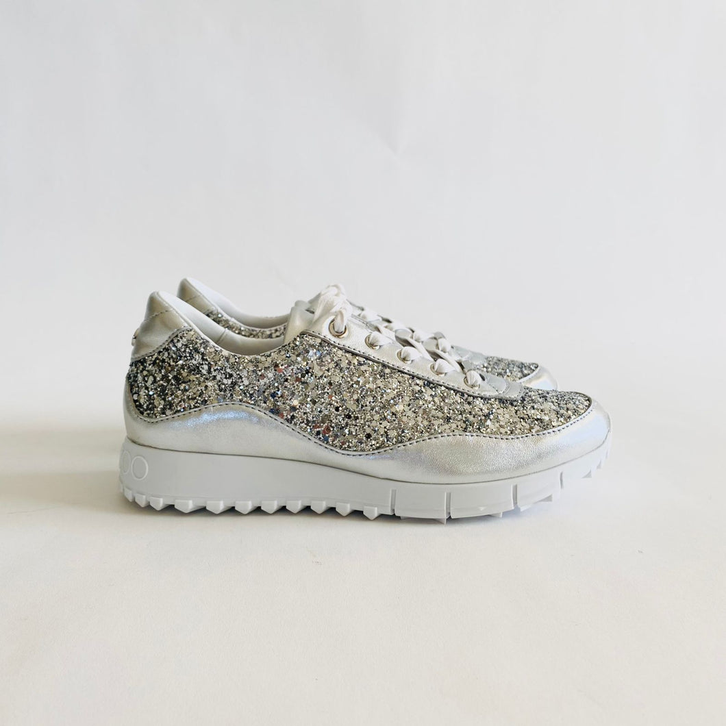 JIMMY CHOO Monza Sparkle Silver Leather Sneakers