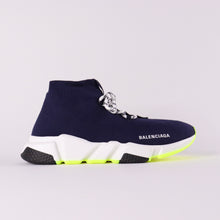 Load image into Gallery viewer, BALENCIAGA Speed Lace Up Knit Sock Marine Blue Logo High Top Trainer Sneaker
